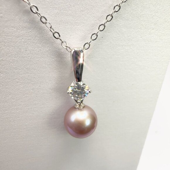 Pink Pearl & Moissanite Necklace 925 Sterling Silver Elegant Jewelry - Picture 11 of 16